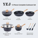 NNEDSZ YEJ 12-Piece Non-Stick Complete Cookware Set | Pots, Pans & Utensils  (Black)