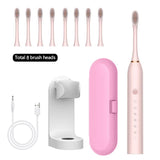 NNEDSZ X-3 Sonic Electric Toothbrush in Pink, 8 Brush Heads, Travel Case, USB Charging, and Stand Included