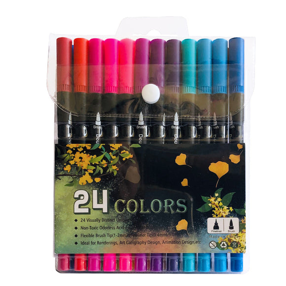 NNEDSZ 24-Color Dual-Head Brush and Fine Tip Marker Set - Vibrant Colors for Art and Craft Projects