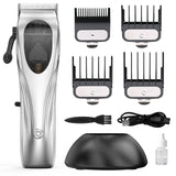 NNEDSZ WL-1670 Silver Professional Hair Clipper Set with Adjustable Guards - USB Rechargeable Trimmer with Charging Dock
