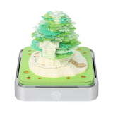 NNEDSZ Green Tree House Blossom 3D Paper Sculpture Night Light with Memo Pad, Silver Base - Elegant Gift Set for Home & Office