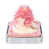 NNEDSZ Pink Tree House 3D Paper Sculpture Night Light with Notepad, Silver Base - Elegant Gift Set for Home and Office