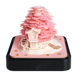 NNEDSZ Pink Tree House 3D Paper Sculpture Night Light with Notepad, Black Base - Elegant Gift Set for Home and Office