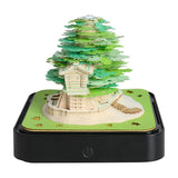 NNEDSZ Green Tree House Blossom 3D Paper Sculpture Night Light with Memo Pad, Black Base - Elegant Gift Set for Home & Office