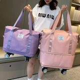 NNEDSZ Pink Large Capacity Foldable Travel Bags with Wheels - Lightweight Waterproof Duffel Totes