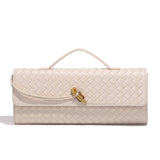NNEDSZ Off White Luxury Woven PU Leather Clutch - Elegant Women's Evening Baguette Bag with Adjustable Shoulder Strap