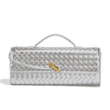 NNEDSZ Silver Luxury Woven PU Leather Clutch - Elegant Women's Evening Baguette Bag with Adjustable Shoulder Strap