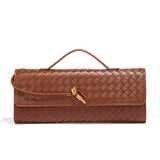 NNEDSZ Brown Luxury Woven PU Leather Clutch - Elegant Women's Evening Baguette Bag with Adjustable Shoulder Strap