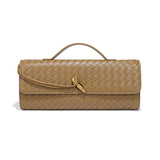 NNEDSZ Khaki Luxury Woven PU Leather Clutch - Elegant Women's Evening Baguette Bag with Adjustable Shoulder Strap