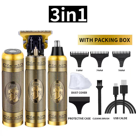 NNEDSZ 3-in-1 Professional Hair Clipper Set - Rechargeable Beard Trimmer, Nose Hair Trimmer, and Electric Shaver with USB Cable, Cleaning Brush, and Attachments