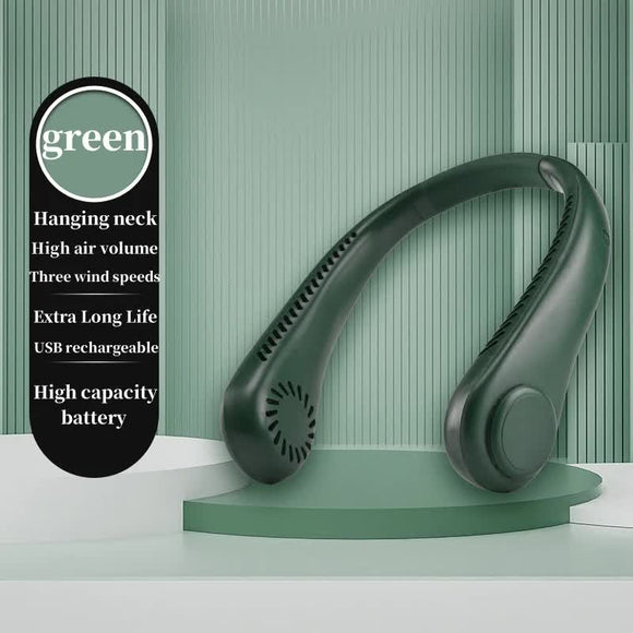 NNEDSZ 2PCS Green Leafless Hanging Neck Fan - Rechargeable Portable Hands-Free Cooling Fan with 3 Speeds