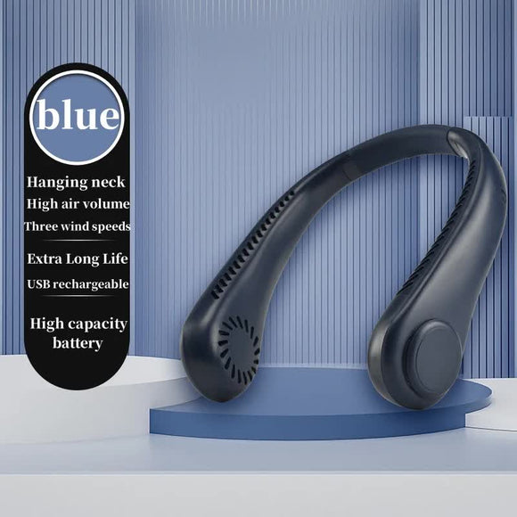 NNEDSZ 2PCS Blue Leafless Hanging Neck Fan - Rechargeable Portable Hands-Free Cooling Fan with 3 Speeds