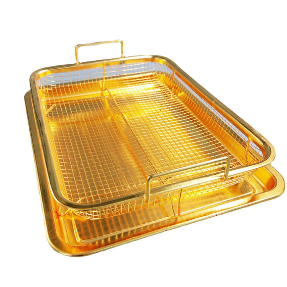 NNEDSZ BBQ Square Non-Stick Stainless Steel Grill Basket - Gold Color, Small Size (30*22*5.5 cm), Ideal for Grilling Meat and Vegetables