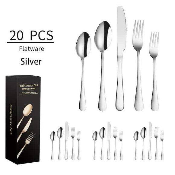 NNEDSZ Silver 410 Stainless Steel Cutlery Set - Western Steak Knife, Fork & Spoon Set, 4 Set/20-Piece Dinnerware Set
