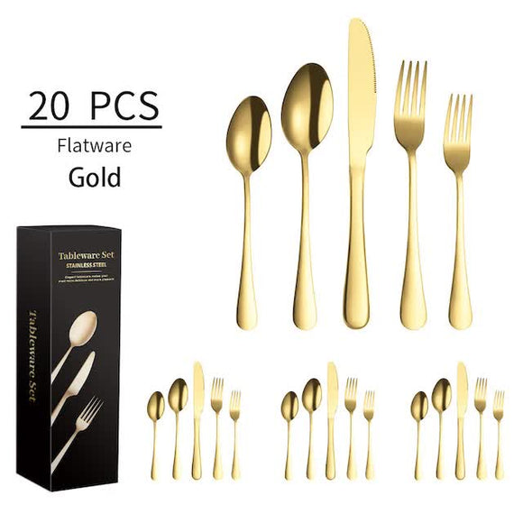 NNEDSZ Gold 410 Stainless Steel Cutlery Set - Western Steak Knife, Fork & Spoon Set, 4 Set/20-Piece Dinnerware Set