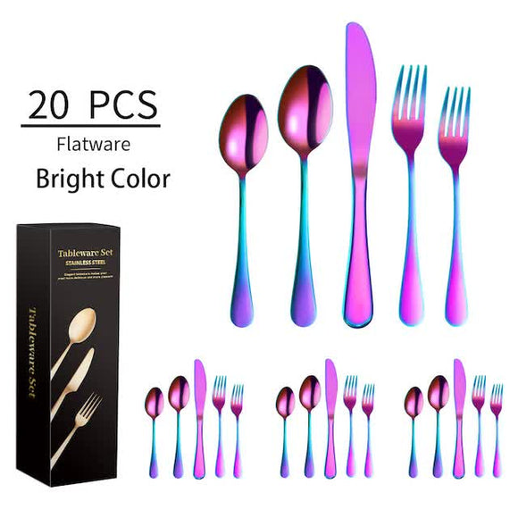 NNEDSZ Bright color 410 Stainless Steel Cutlery Set - Western Steak Knife, Fork & Spoon Set, 4 Set/20-Piece Dinnerware Set