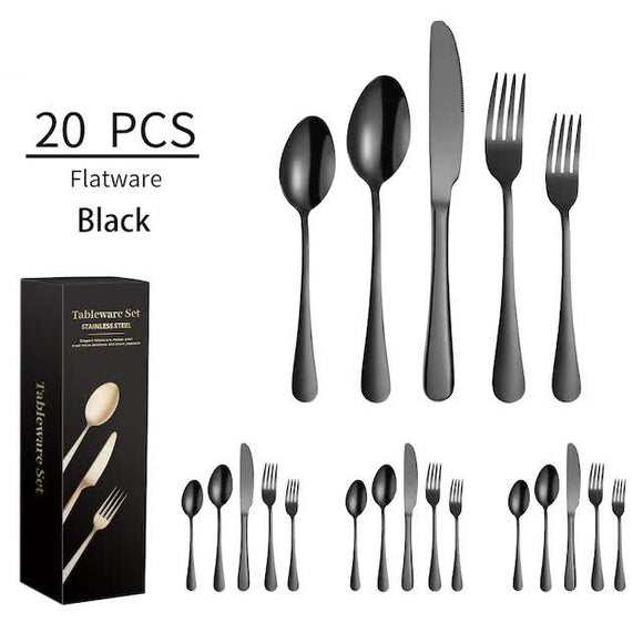 NNEDSZ Black 410 Stainless Steel Cutlery Set - Western Steak Knife, Fork & Spoon Set, 4 Set/20-Piece Dinnerware Set