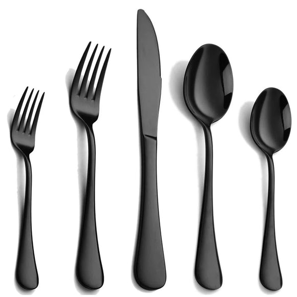 NNEDSZ Black 410 Stainless Steel Cutlery Set - Western Steak Knife, Fork & Spoon Set, 6 Set/30-Piece Dinnerware Set