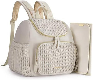 NNEDSZ Beige Travel Backpack with Diaper Changing Mat - Small Size, Insulated Pocket,Perfect for Moms on the Go