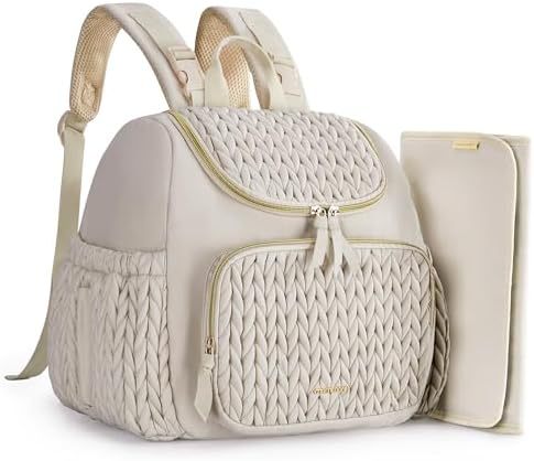 NNEDSZ Beige Travel Backpack with Diaper Changing Mat - Small Size, Insulated Pocket,Perfect for Moms on the Go