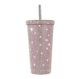 NNEDSZ Pink Diamond-Inlaid Insulated 304 Stainless Steel Cup with Straw - Double-Walled, Rhinestone Coffee Mug, Gift Cup for Beverages