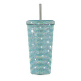 NNEDSZ Blue Diamond-Inlaid Insulated 304 Stainless Steel Cup with Straw - Double-Walled, Rhinestone Coffee Mug, Gift Cup for Beverages