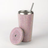 NNEDSZ Blue Diamond-Inlaid Insulated 304 Stainless Steel Cup with Straw - Double-Walled, Rhinestone Coffee Mug, Gift Cup for Beverages