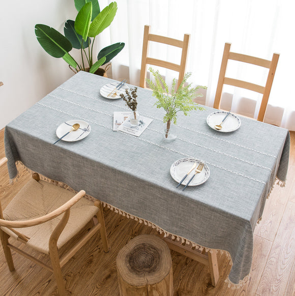 NNEDSZ 140cm*90cm Grey Striped Cotton Linen Embroidered Tassel Tablecloth - European & American Pastoral Style for Restaurants