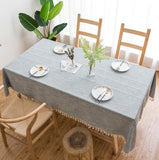 NNEDSZ 140cm*90cm Grey Striped Cotton Linen Embroidered Tassel Tablecloth - European & American Pastoral Style for Restaurants