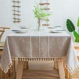 NNEDSZ 140cm*90cm Grey Striped Cotton Linen Embroidered Tassel Tablecloth - European & American Pastoral Style for Restaurants
