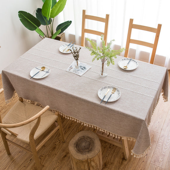 NNEDSZ 140x200cm Beige Striped Cotton Linen Embroidered Tassel Tablecloth - European & American Pastoral Style for Restaurants