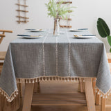 NNEDSZ 140x200cm Beige Striped Cotton Linen Embroidered Tassel Tablecloth - European & American Pastoral Style for Restaurants