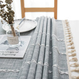 NNEDSZ 140x200cm Beige Striped Cotton Linen Embroidered Tassel Tablecloth - European & American Pastoral Style for Restaurants