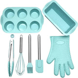 NNEDSZ Green 7-Piece Silicone Bakeware Set with Whisk, Spatula, Brush, Gloves, and Cake Molds for Home Baking