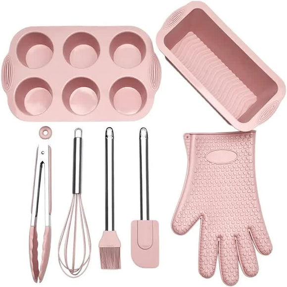 NNEDSZ Pink 7-Piece Silicone Bakeware Set with Whisk, Spatula, Brush, Gloves, and Cake Molds for Home Baking