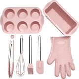 NNEDSZ Pink 7-Piece Silicone Bakeware Set with Whisk, Spatula, Brush, Gloves, and Cake Molds for Home Baking