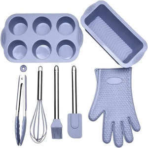 NNEDSZ Grey 7-Piece Silicone Bakeware Set with Whisk, Spatula, Brush, Gloves, and Cake Molds for Home Baking