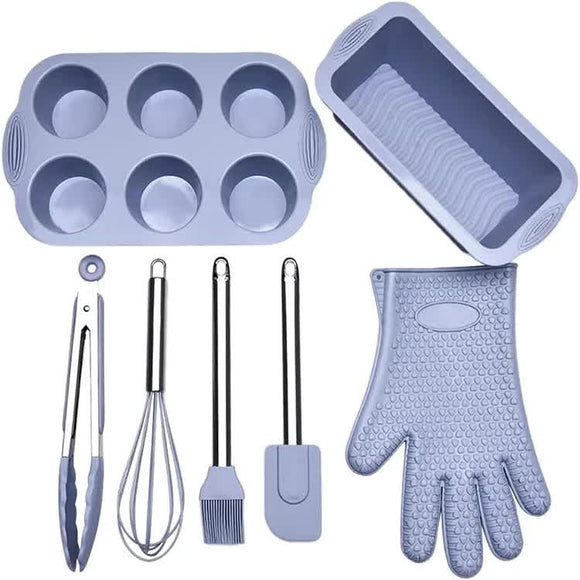 NNEDSZ Grey 7-Piece Silicone Bakeware Set with Whisk, Spatula, Brush, Gloves, and Cake Molds for Home Baking