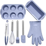 NNEDSZ Grey 7-Piece Silicone Bakeware Set with Whisk, Spatula, Brush, Gloves, and Cake Molds for Home Baking