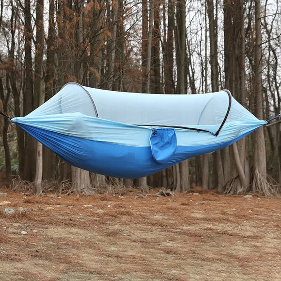 NNEDSZ Blue Outdoor Camping Hammock with Mosquito Net, Anti-Tip Nylon Fabric, Single/Double Person Quick-Setup Hammock
