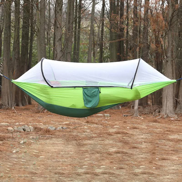 NNEDSZ Green Outdoor Camping Hammock with Mosquito Net, Anti-Tip Nylon Fabric, Single/Double Person Quick-Setup Hammock