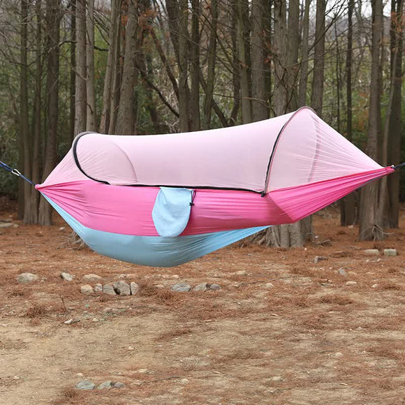NNEDSZ Pink Outdoor Camping Hammock with Mosquito Net, Anti-Tip Nylon Fabric, Single/Double Person Quick-Setup Hammock