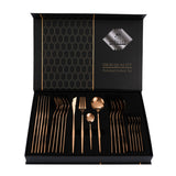 NNEDSZ Rose Gold Color Premium 24-Piece Stainless Steel Cutlery Set - Elegant Golden Steak Knife, Fork, and Spoon Set in Luxury Gift Box