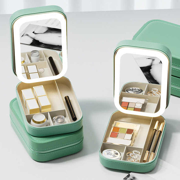NNEDSZ Green LED Jewelry Box with Mirror - Smart Light Adjustment and Dual Power Charging for Travel and Home