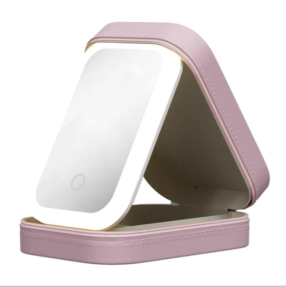 NNEDSZ Pink LED Jewelry Box with Mirror - Smart Light Adjustment and Dual Power Charging for Travel and Home
