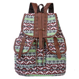 NNEDSZ Green Bohemian Style Canvas Backpack - Vintage Tribal Pattern Travel Bag with Leather Straps