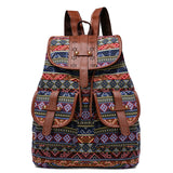 NNEDSZ Diamond Pattern Bohemian Style Canvas Backpack - Vintage Tribal Pattern Travel Bag with Leather Straps