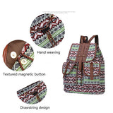 NNEDSZ Diamond Pattern Bohemian Style Canvas Backpack - Vintage Tribal Pattern Travel Bag with Leather Straps