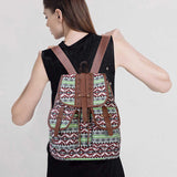 NNEDSZ Diamond Pattern Bohemian Style Canvas Backpack - Vintage Tribal Pattern Travel Bag with Leather Straps