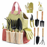 NNEDSZ Pink-green 9-Piece Garden Tool Set with Storage Tote - Heavy Duty Gardening Kit
